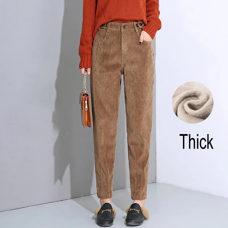 Joskaa Christmas Gift JMPRS Winter High Waist Women Corduroy Harem Pants Plus Size Loose Solid Casual Button Pant Women Velvet Warm Ladies Trousers