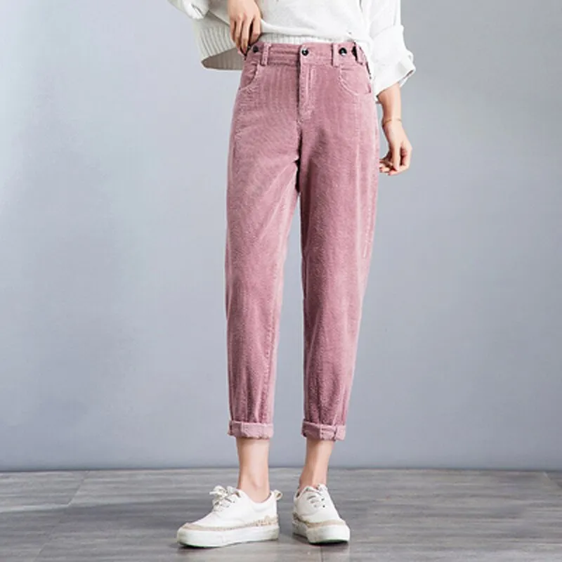 Joskaa Christmas Gift JMPRS Winter High Waist Women Corduroy Harem Pants Plus Size Loose Solid Casual Button Pant Women Velvet Warm Ladies Trousers