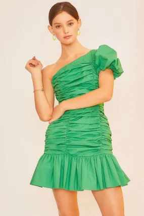 Kelly Green Puff Sleeve Ruffle Mini Shirring Dress