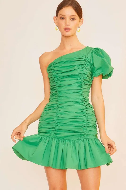 Kelly Green Puff Sleeve Ruffle Mini Shirring Dress