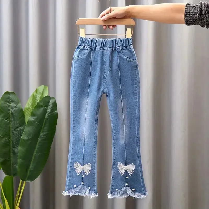 Kids Jeans Pants for 2024 New Spring Clothes for Flared Pants Baby Girl Casual Trousers for 3-10 Yrs Girls Cowboy Pants Trousers