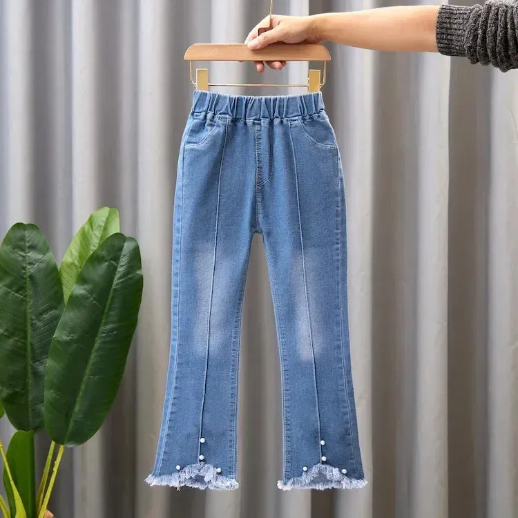 Kids Jeans Pants for 2024 New Spring Clothes for Flared Pants Baby Girl Casual Trousers for 3-10 Yrs Girls Cowboy Pants Trousers