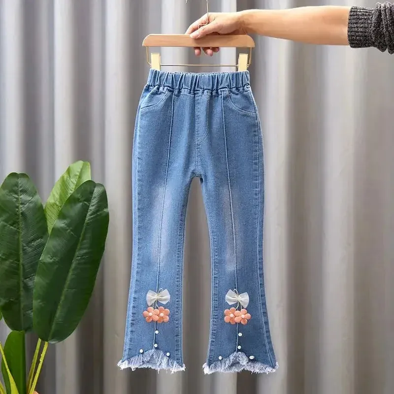 Kids Jeans Pants for 2024 New Spring Clothes for Flared Pants Baby Girl Casual Trousers for 3-10 Yrs Girls Cowboy Pants Trousers