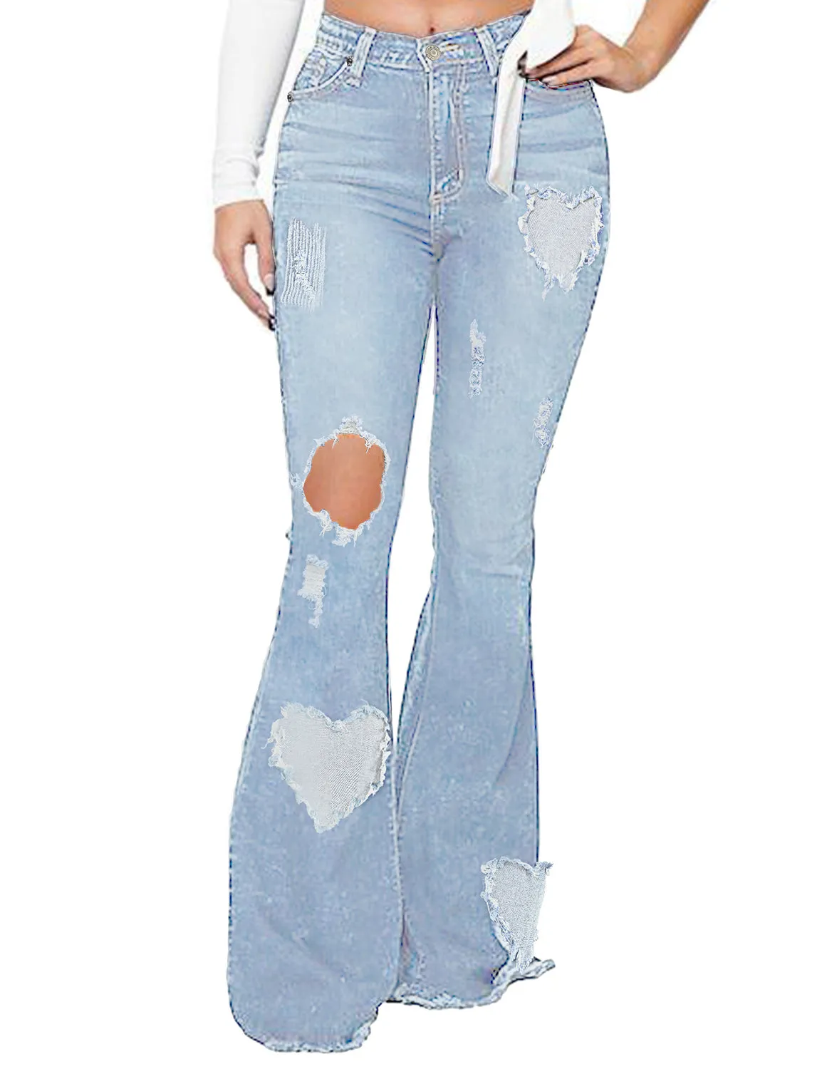 Light Blue Mid-Waist Ripped Heart Flared Denim Jeans