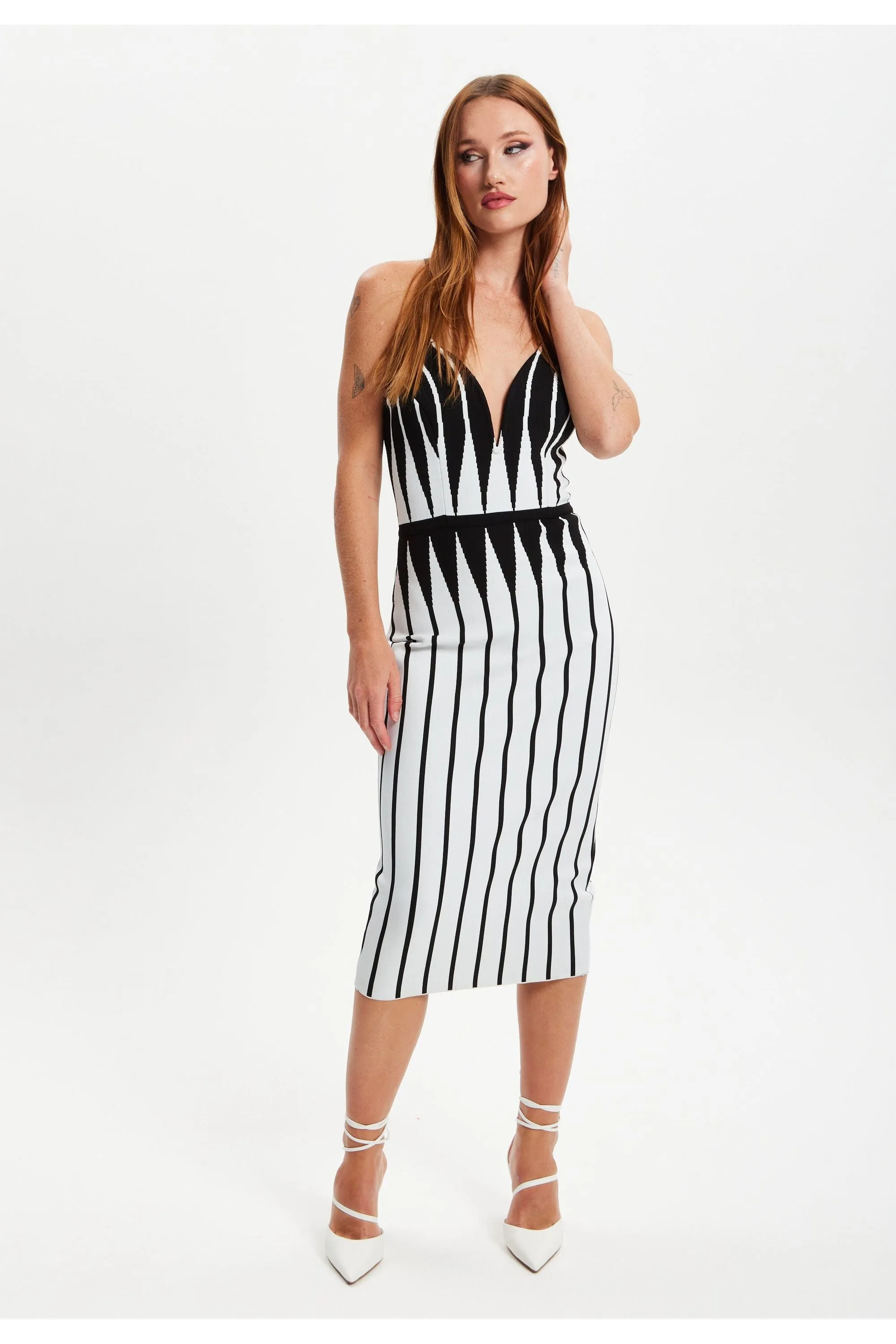 Liquorish Vertical Black And White Striped Knitted Midi Dress