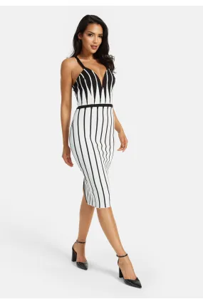 Liquorish Vertical Black And White Striped Knitted Midi Dress