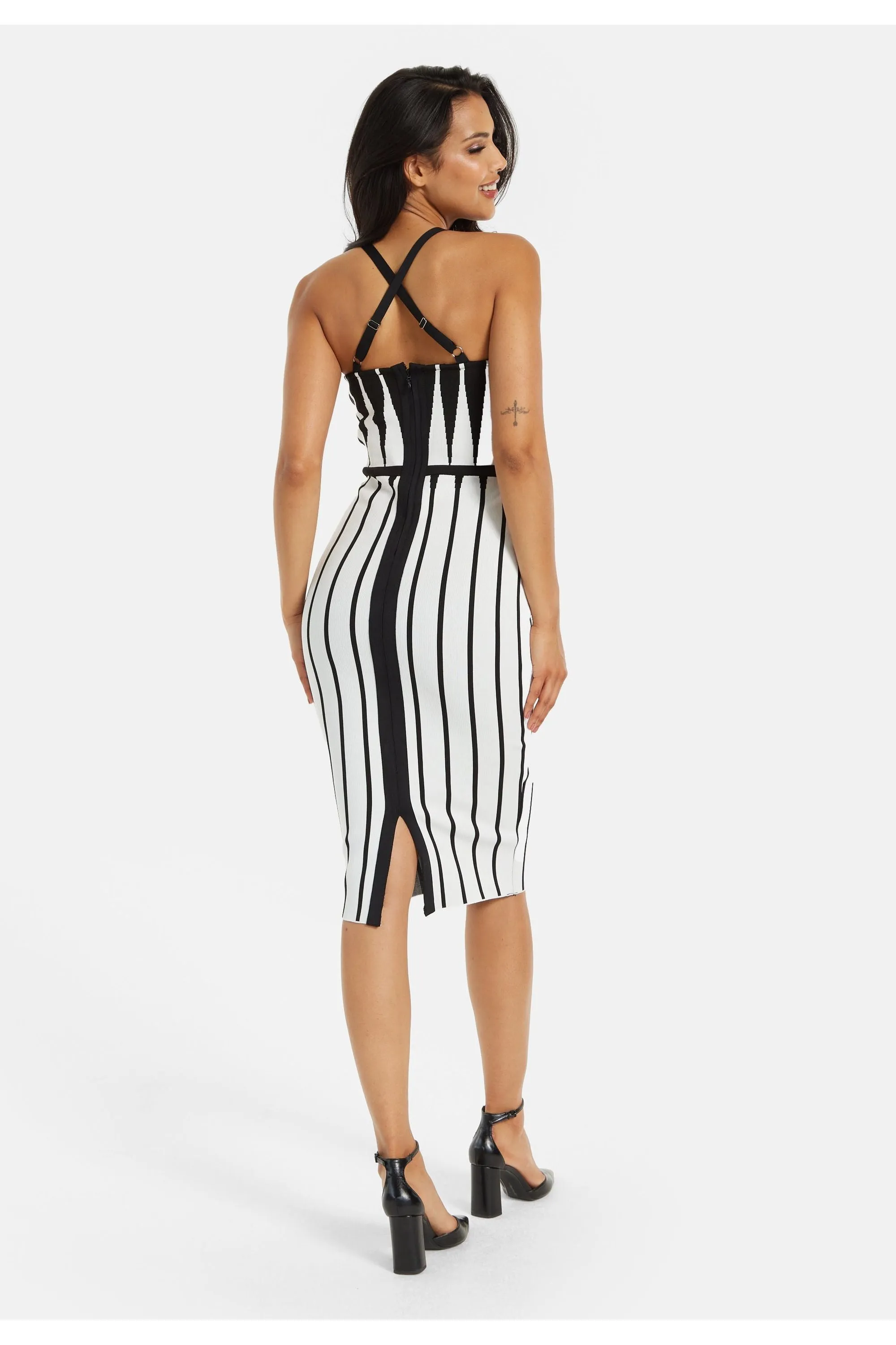 Liquorish Vertical Black And White Striped Knitted Midi Dress