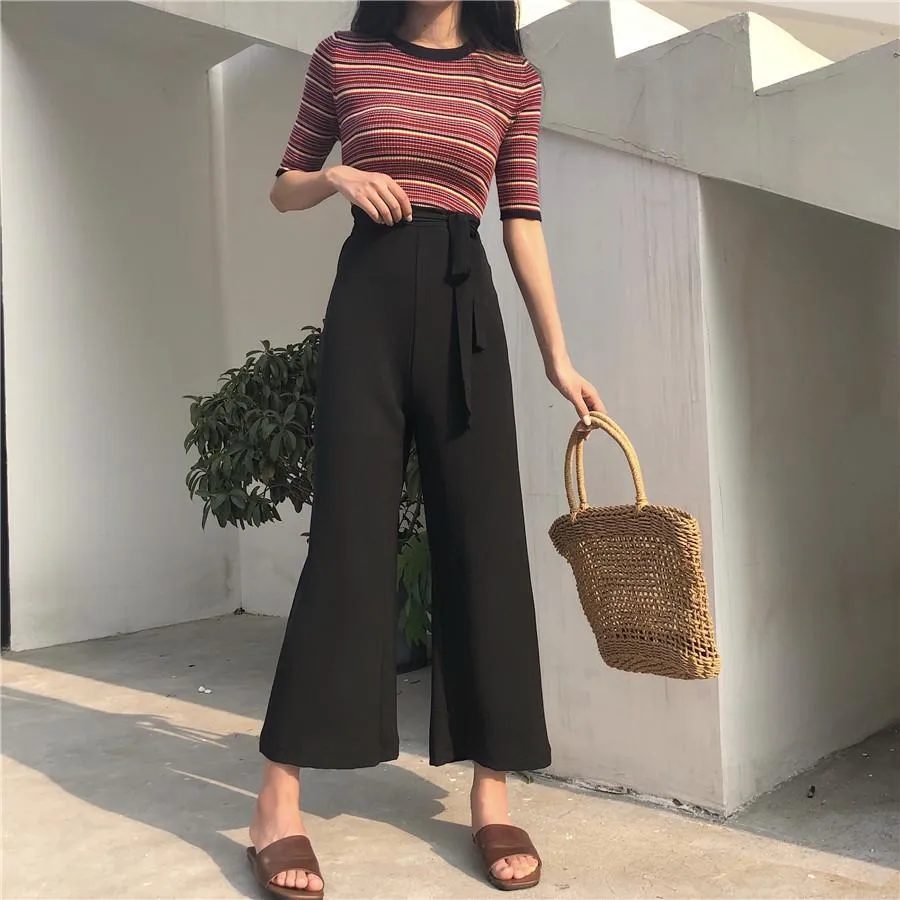 Long Flared Chiffon Black Beige Waist Belt Oversized Pants