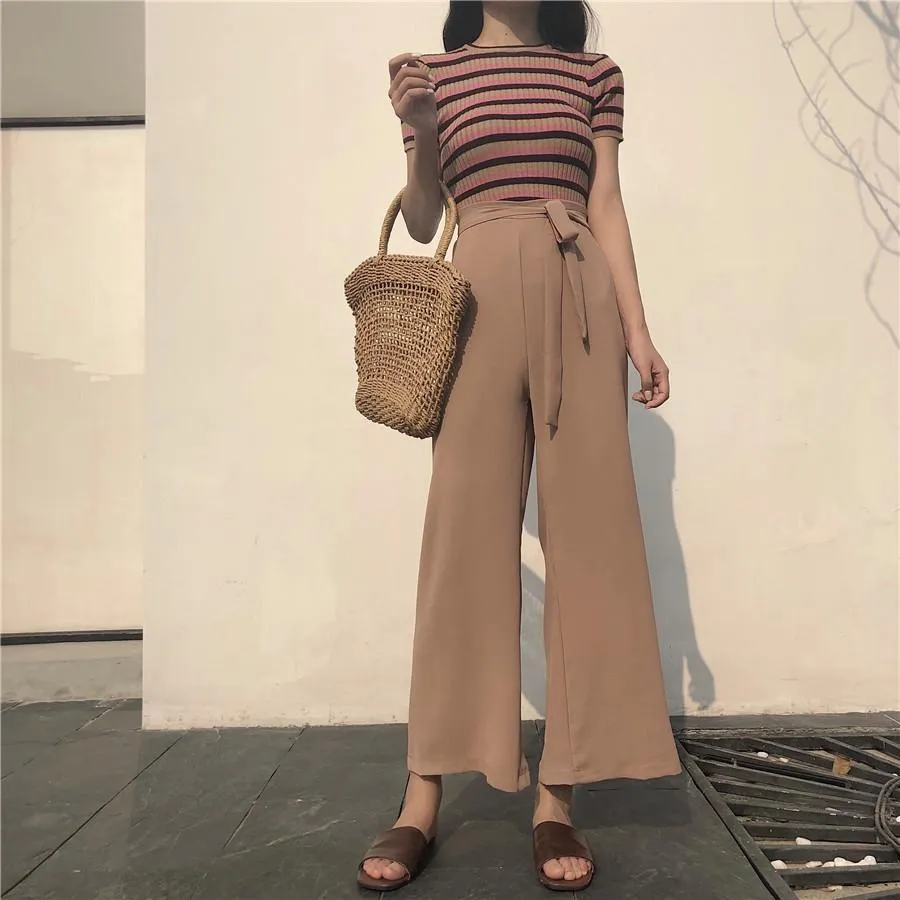 Long Flared Chiffon Black Beige Waist Belt Oversized Pants