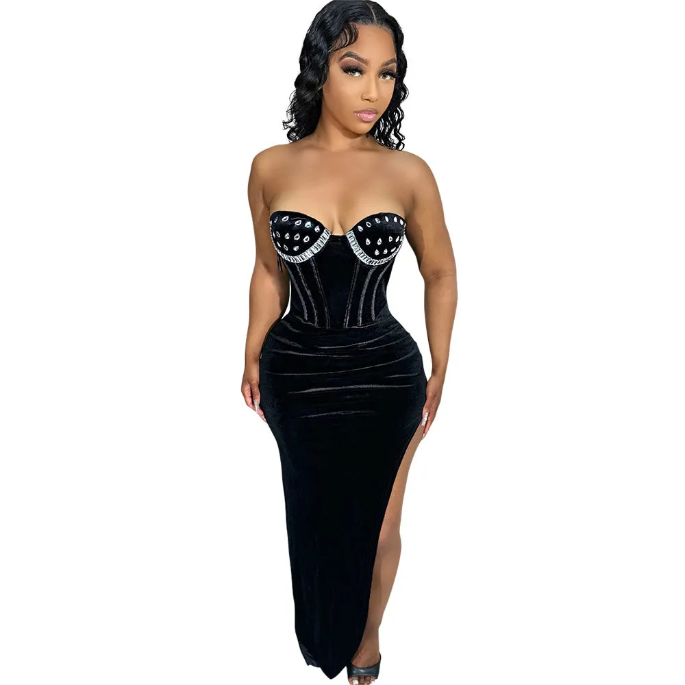 MALYBGG Monochromatic Rhinestone-Embellished Strapless Dress 900967LY