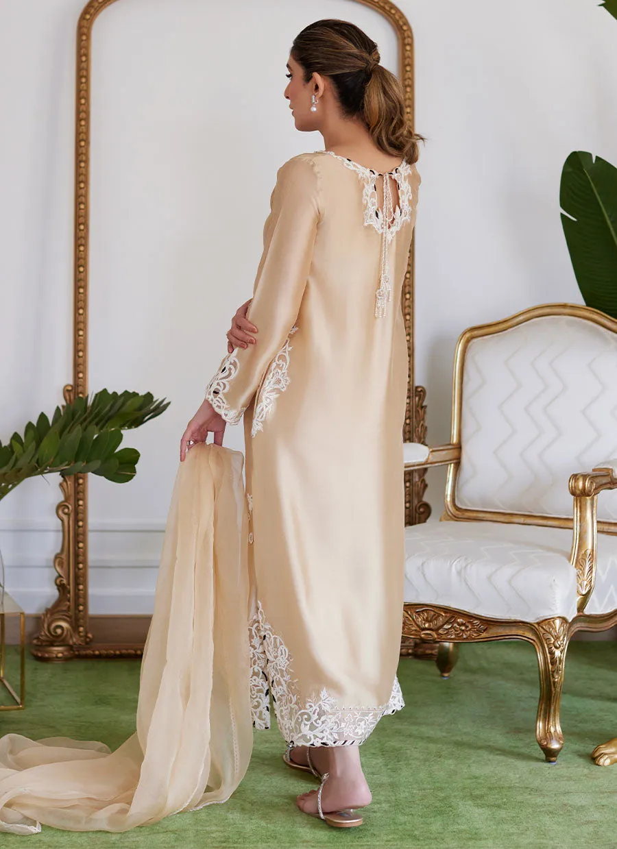 Melvina Champagne Beige Embroidered Shisha Silk Shirt With Dupatta