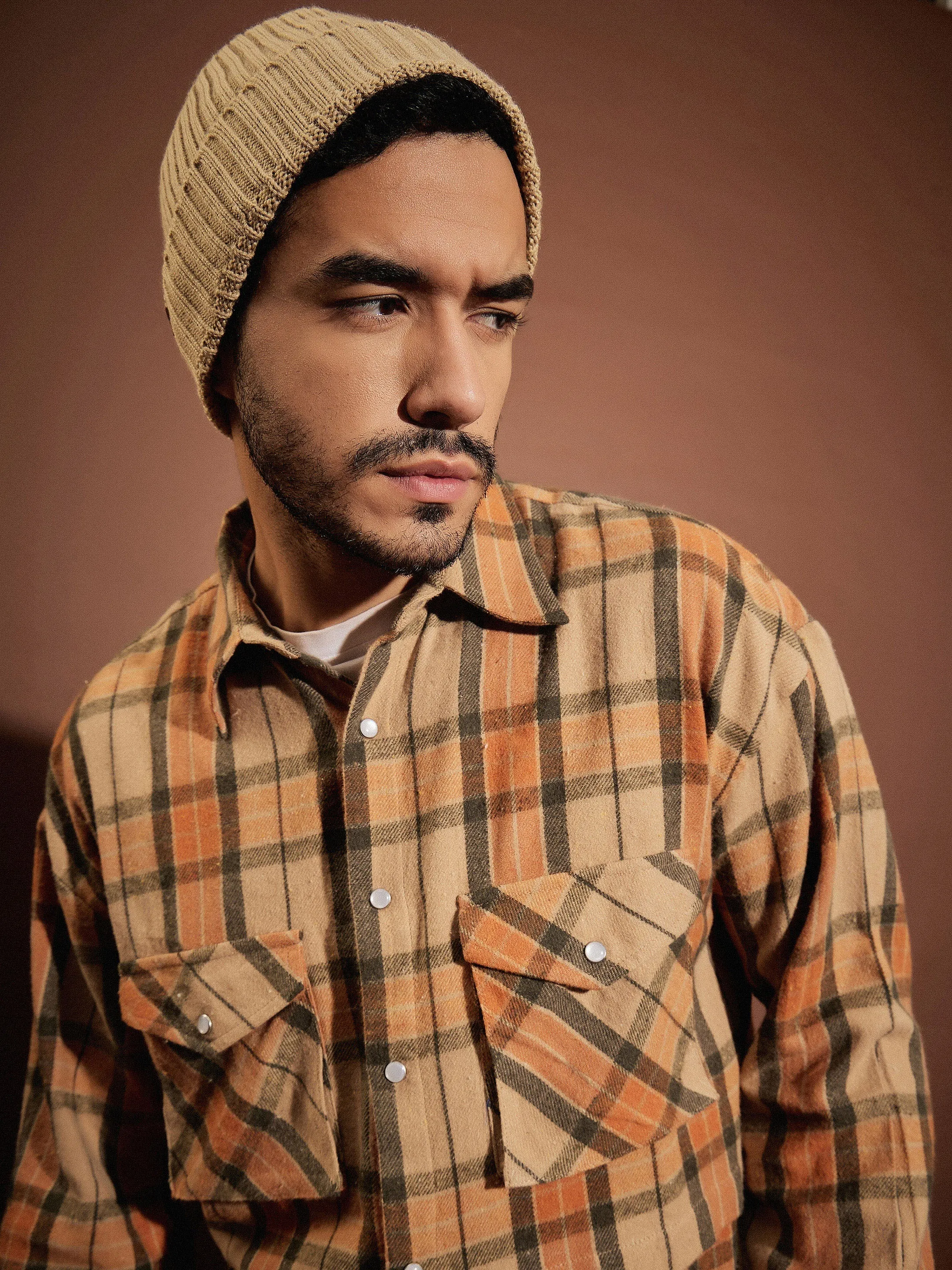 Men Beige & Orange Check Facing Detail Oversized Shirt