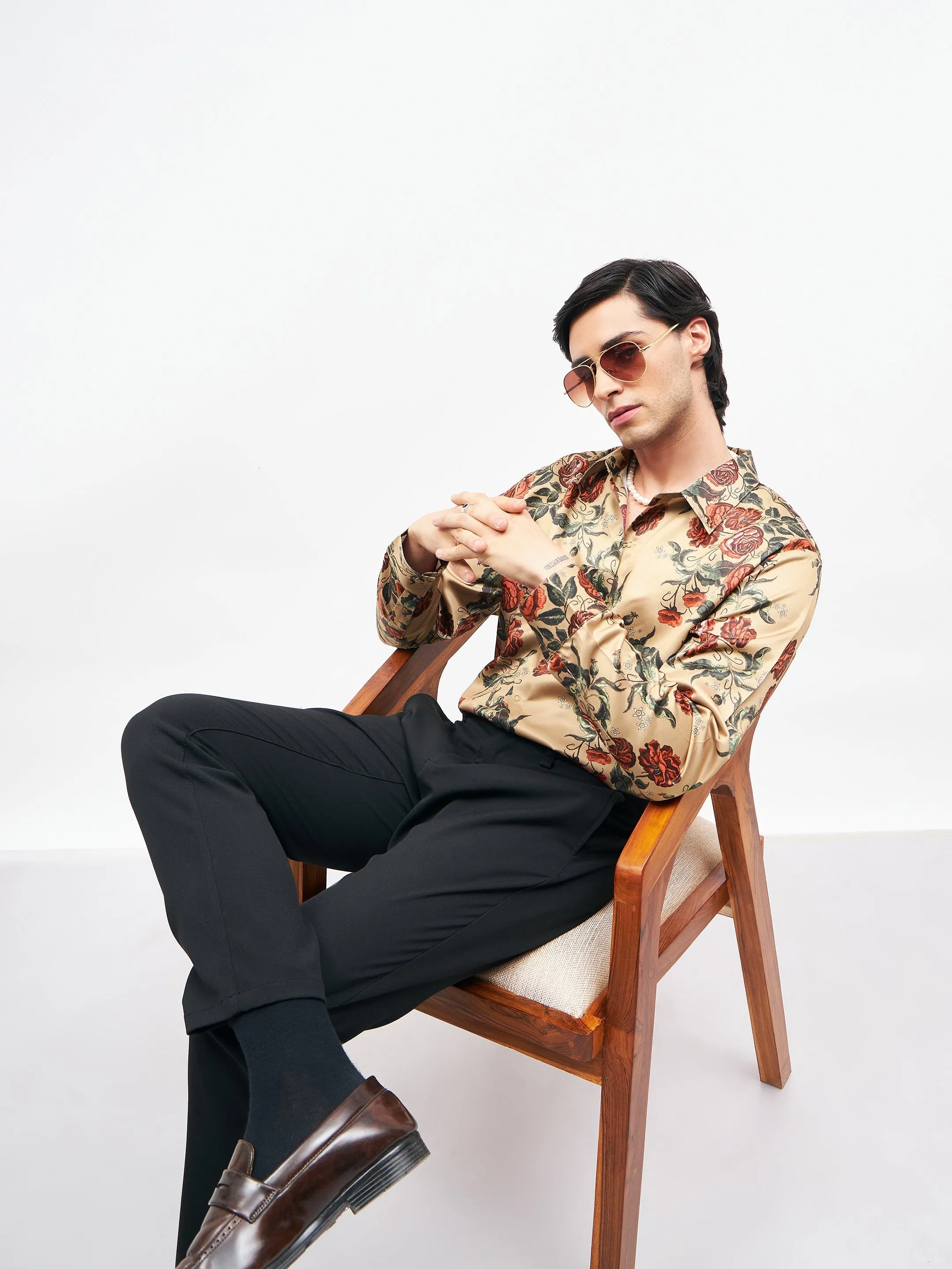 Men Beige Floral Satin Shirt