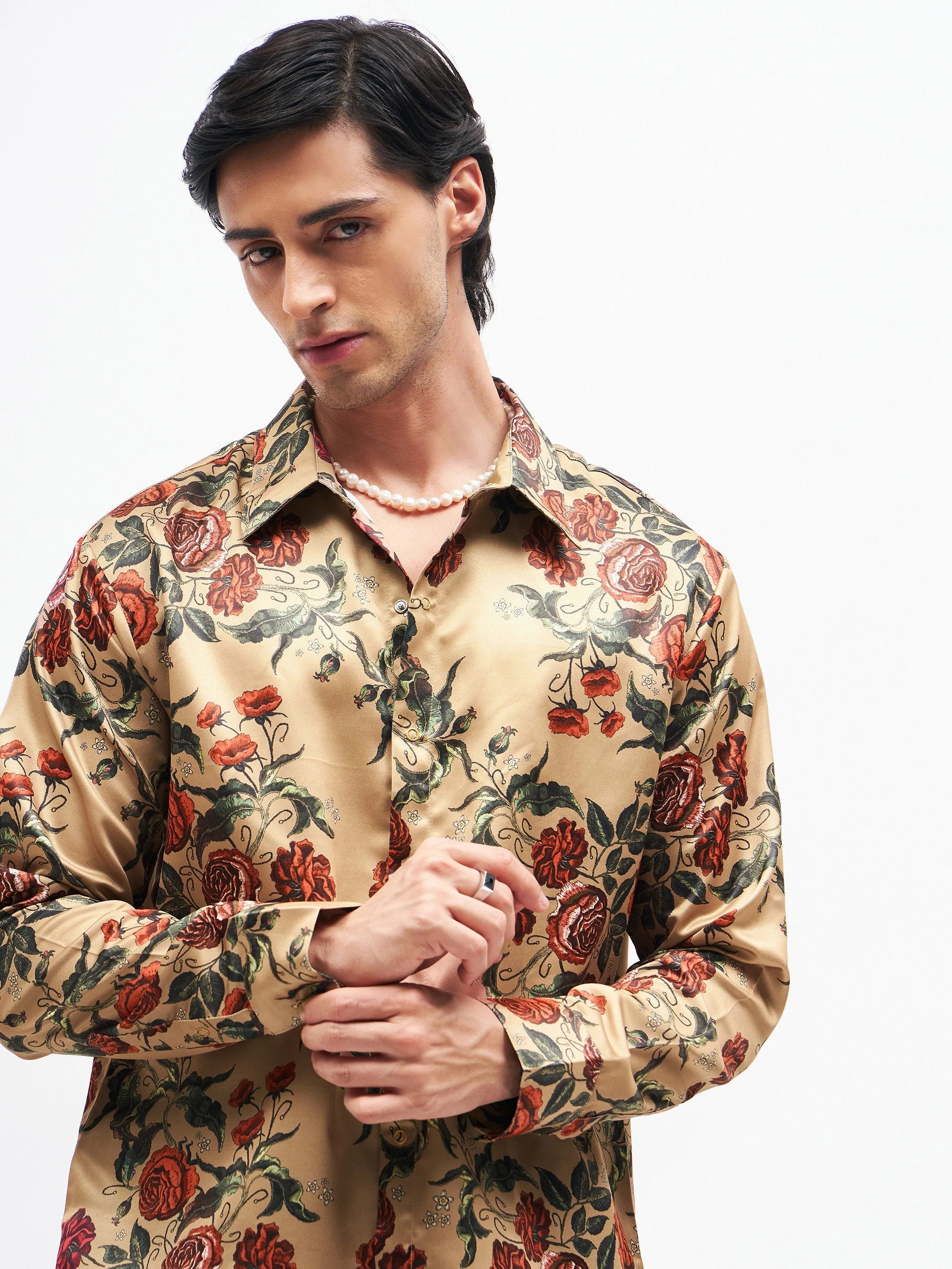 Men Beige Floral Satin Shirt