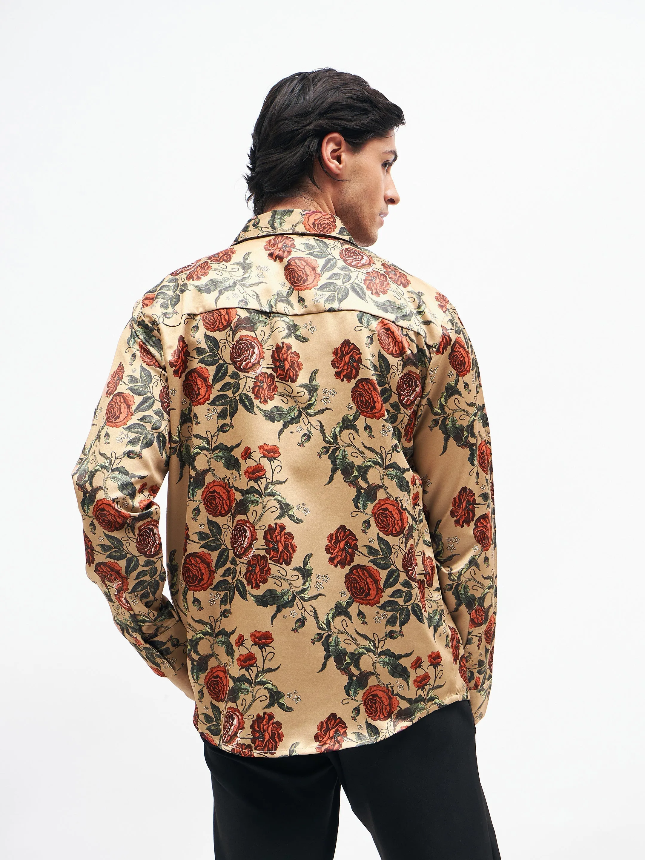 Men Beige Floral Satin Shirt