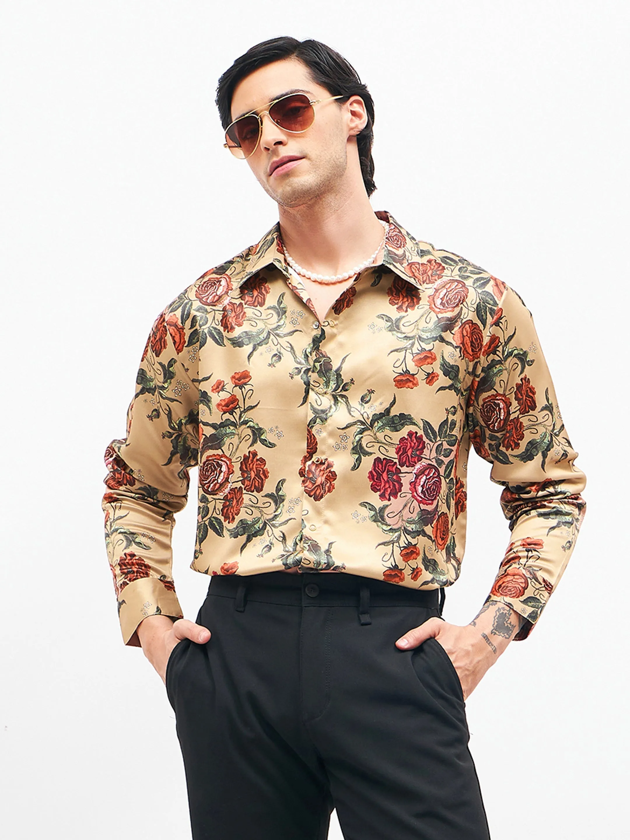 Men Beige Floral Satin Shirt