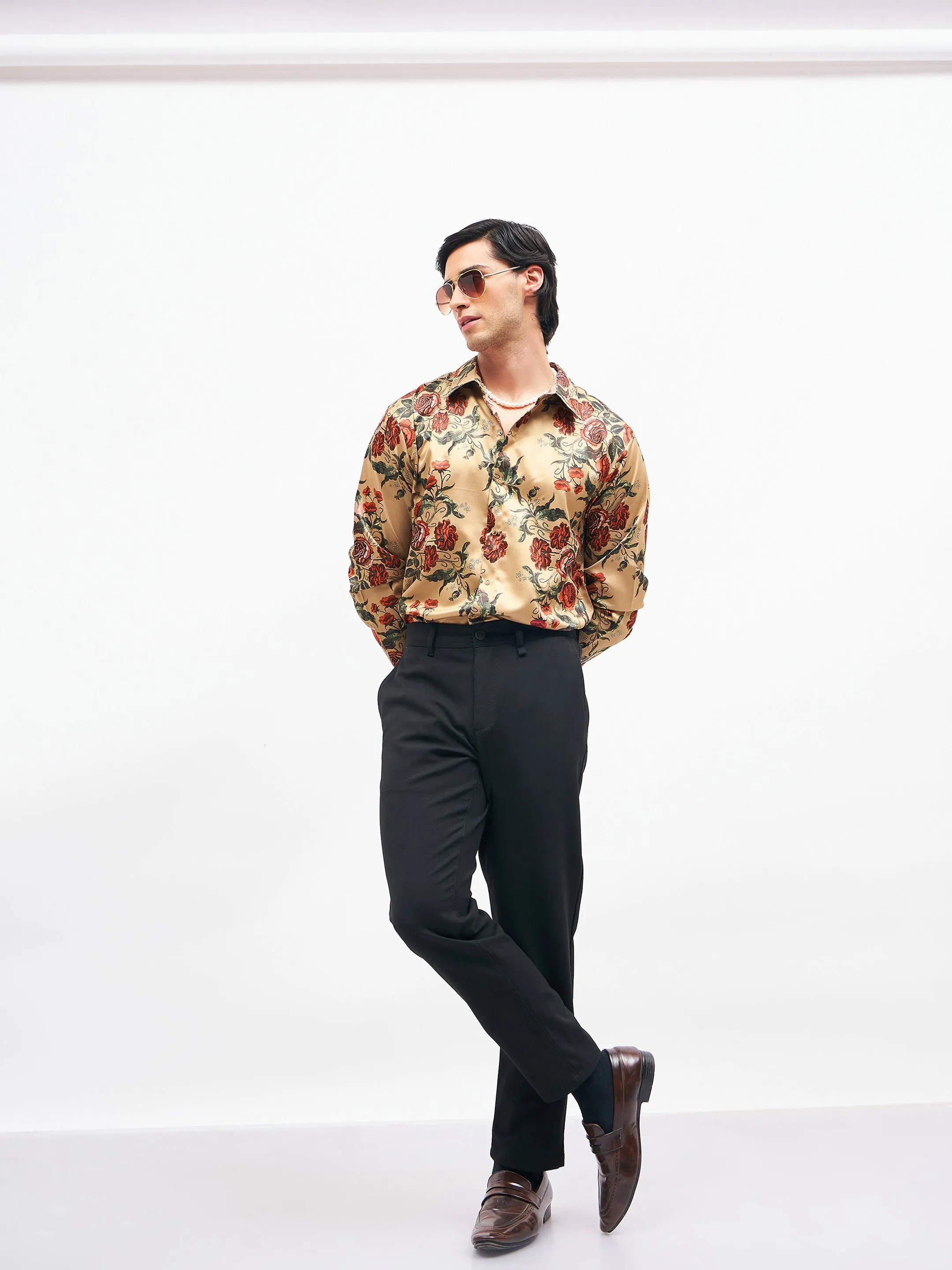 Men Beige Floral Satin Shirt