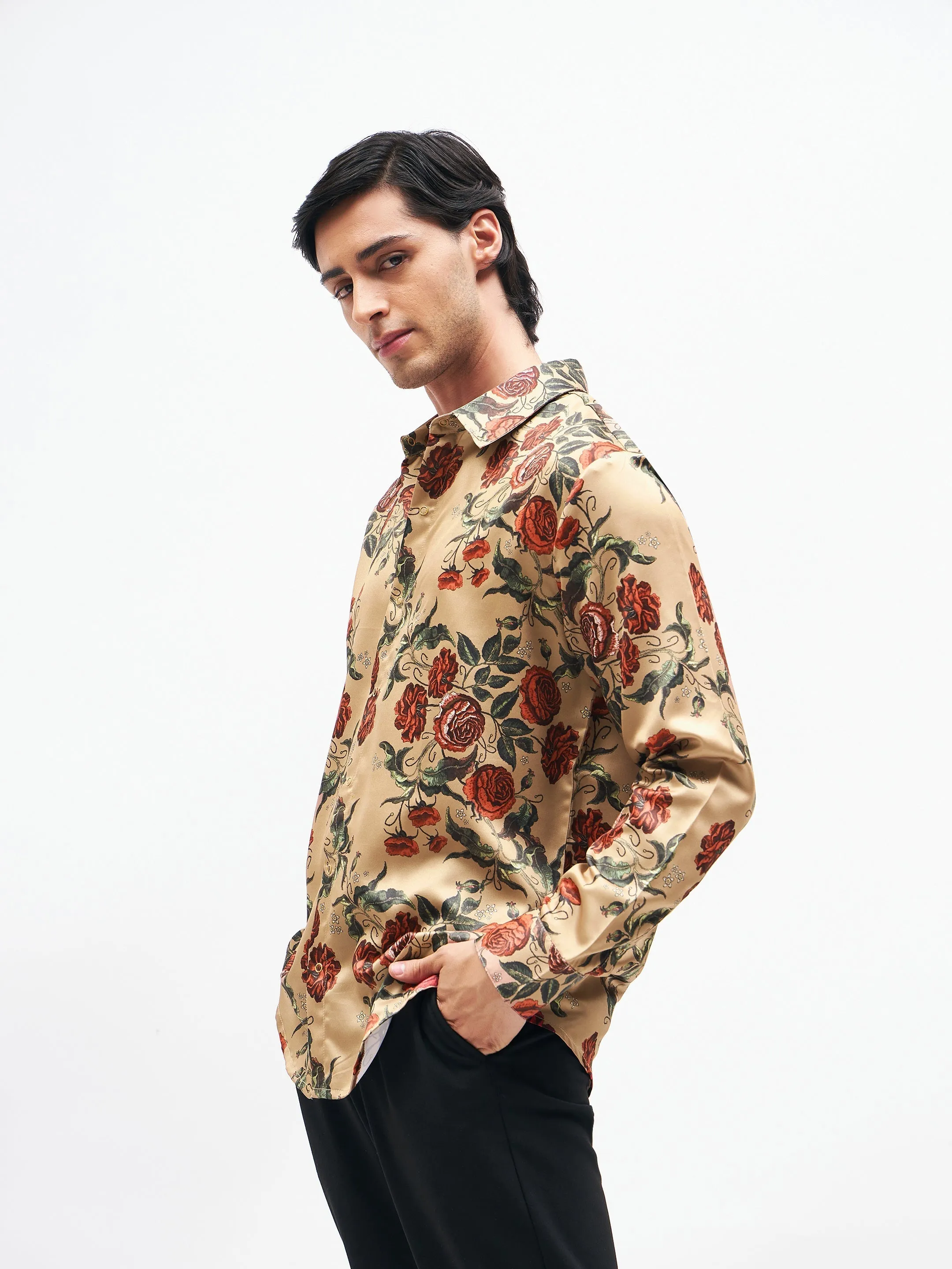 Men Beige Floral Satin Shirt