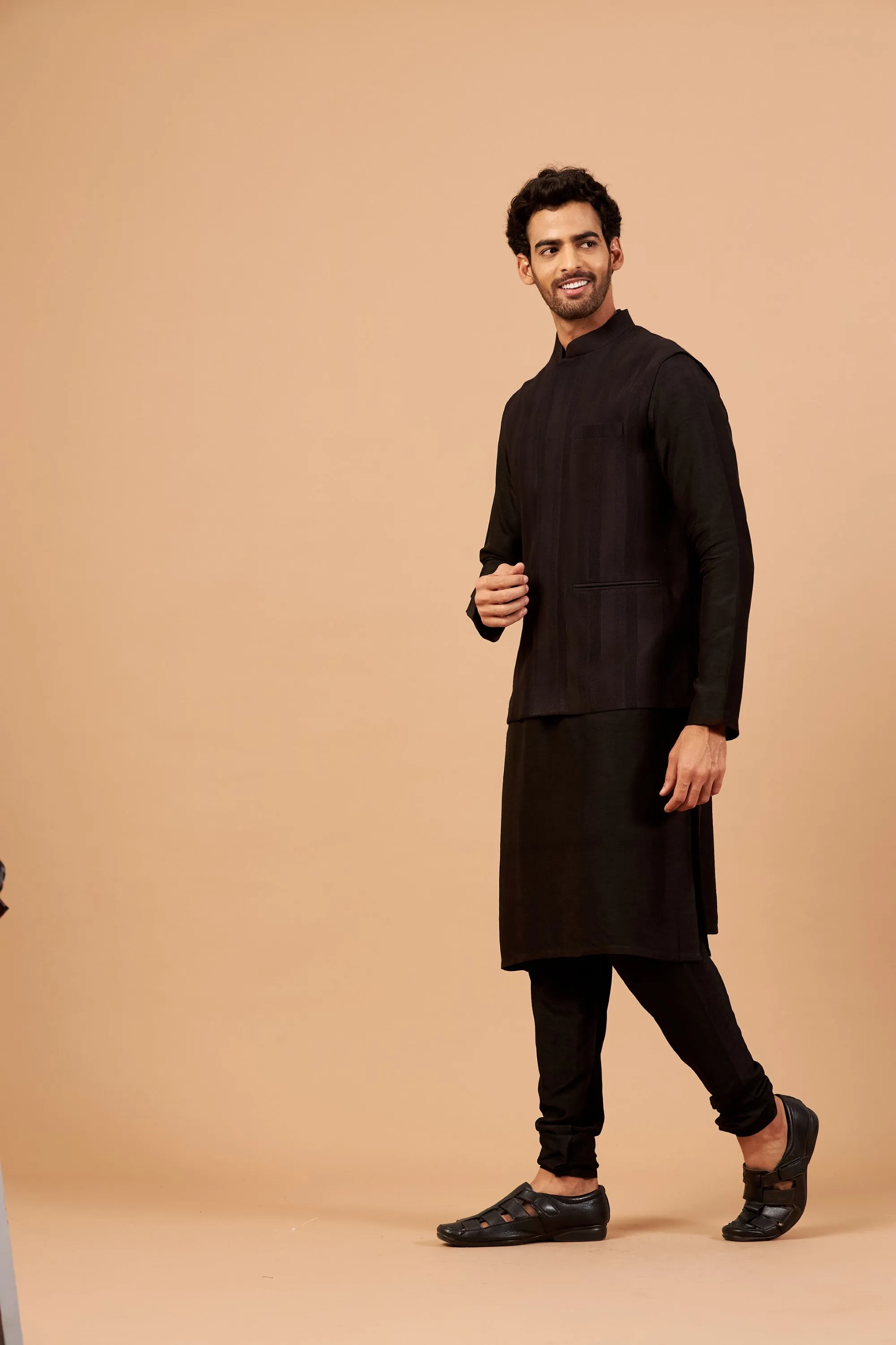 Men's Black Color Nehru Jacket With Kurta Pant Set - Hilo Design