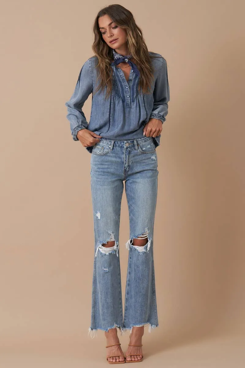 Mid Rise Crop Flare Denim