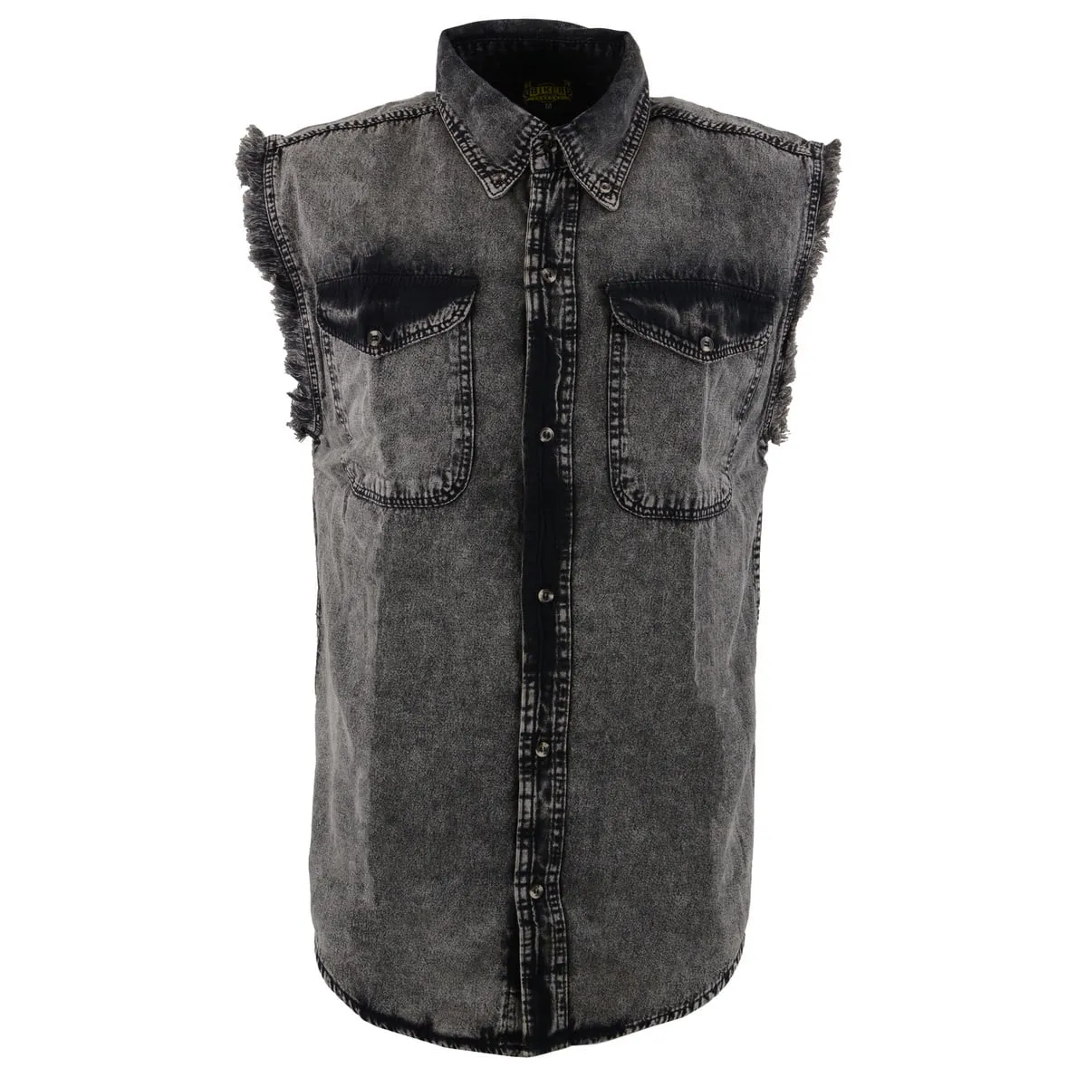 Milwaukee Leather MNG11683 Men’s Classic Beige/Black Button-Down Cut Off Frayed Sleeveless Casual Shirt