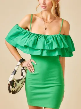 Minna green bodycon off shoulder mini dress