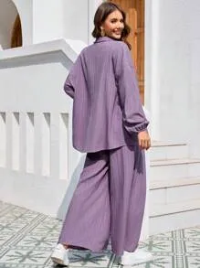 Mulvari Women's Ribbed Sleeve Shirt and Wide Leg Pants Sets