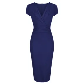 Navy Blue Deep V Cap Sleeve Bodycon Ruched Waist Wiggle Dress