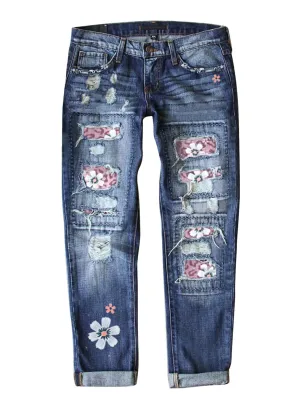 Pink Floral-Print Patch Ripped Rolled Hem Denim Boyfriend Jeans