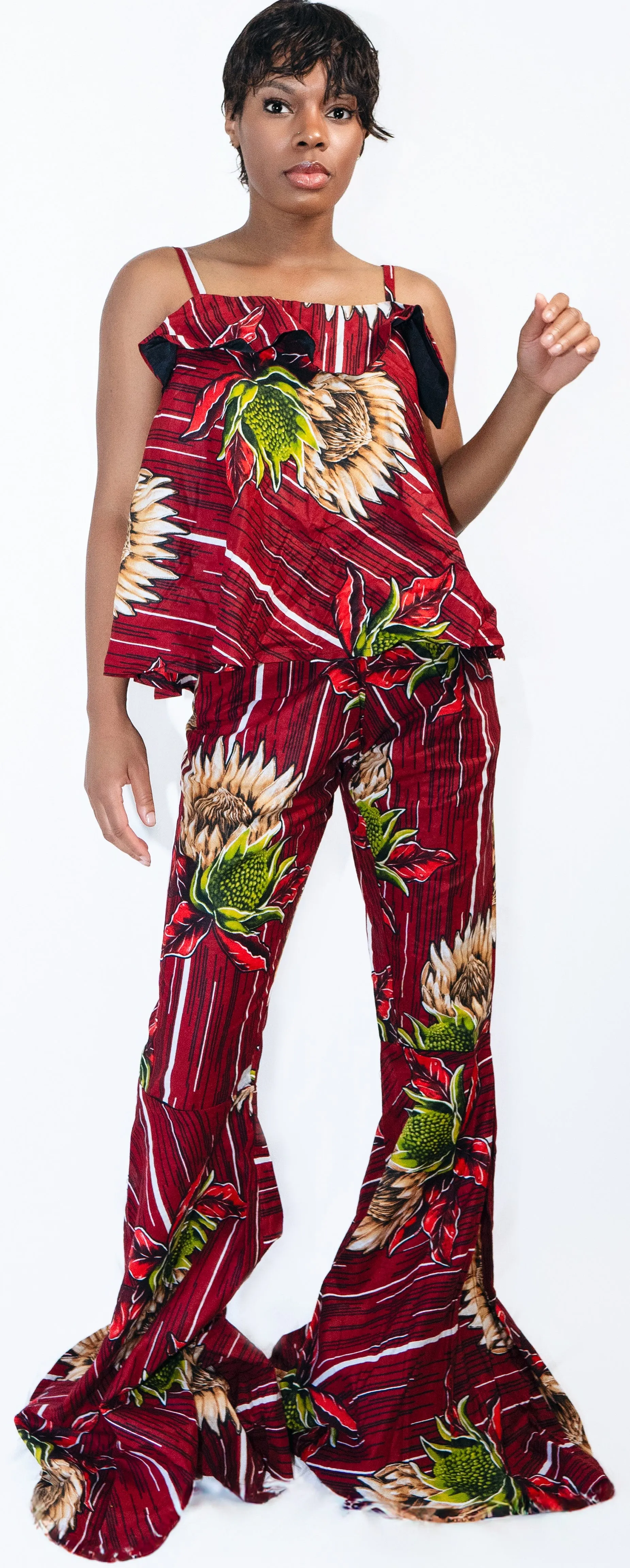 Prince Trio Long-sleeve Zipper Jacket, Spaghetti Top, and Over-long Flared Pants in Vibrant African Print