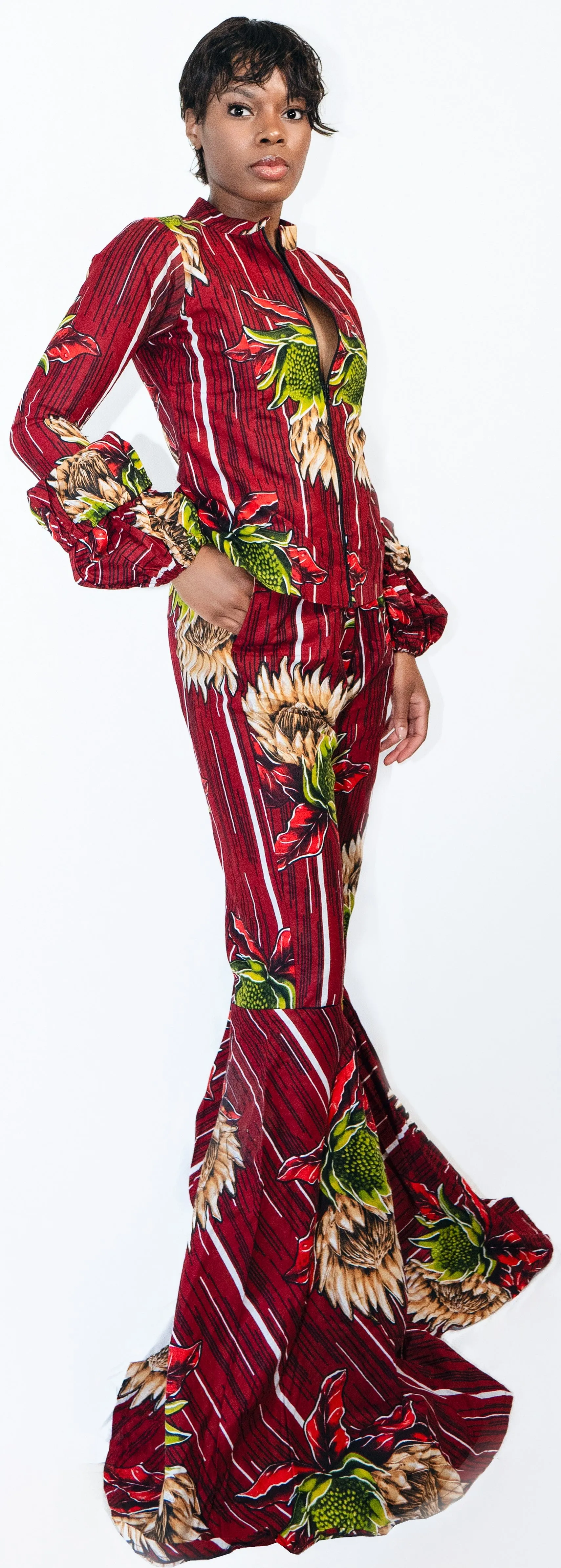 Prince Trio Long-sleeve Zipper Jacket, Spaghetti Top, and Over-long Flared Pants in Vibrant African Print