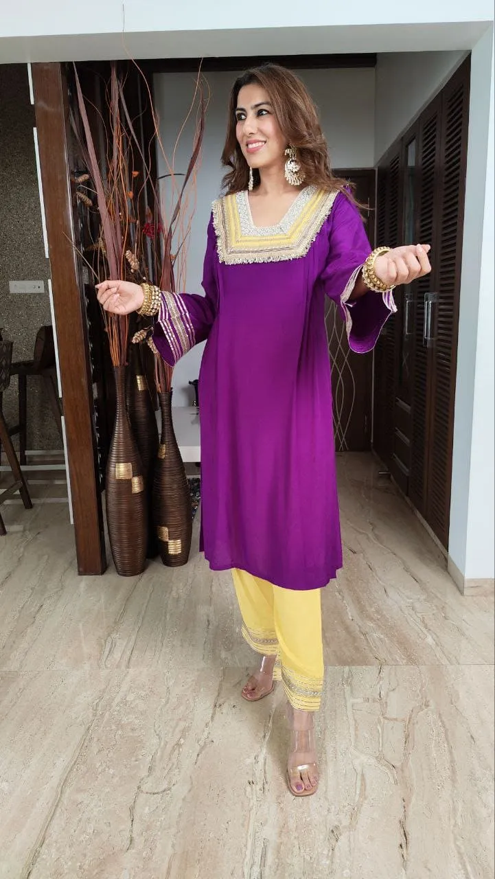 Purple Yellow Kurta Set