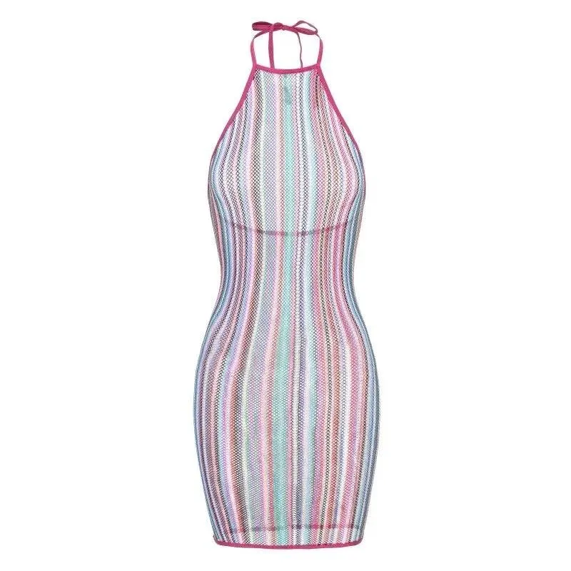 Rainbow Halter Fishnet Dress: Bold Beach Style & Comfort