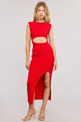 Red Midi-Long Bodycon Dress With Cutout Waist