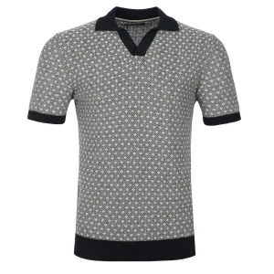 Remus Uomo Open Collar Jacquard Polo Shirt in Navy & Beige