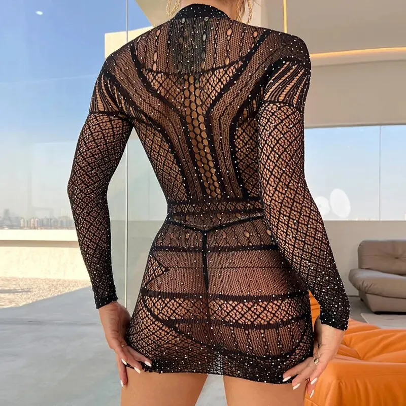 Rhinestone Transparent Women Hollow Out Mesh Dress*