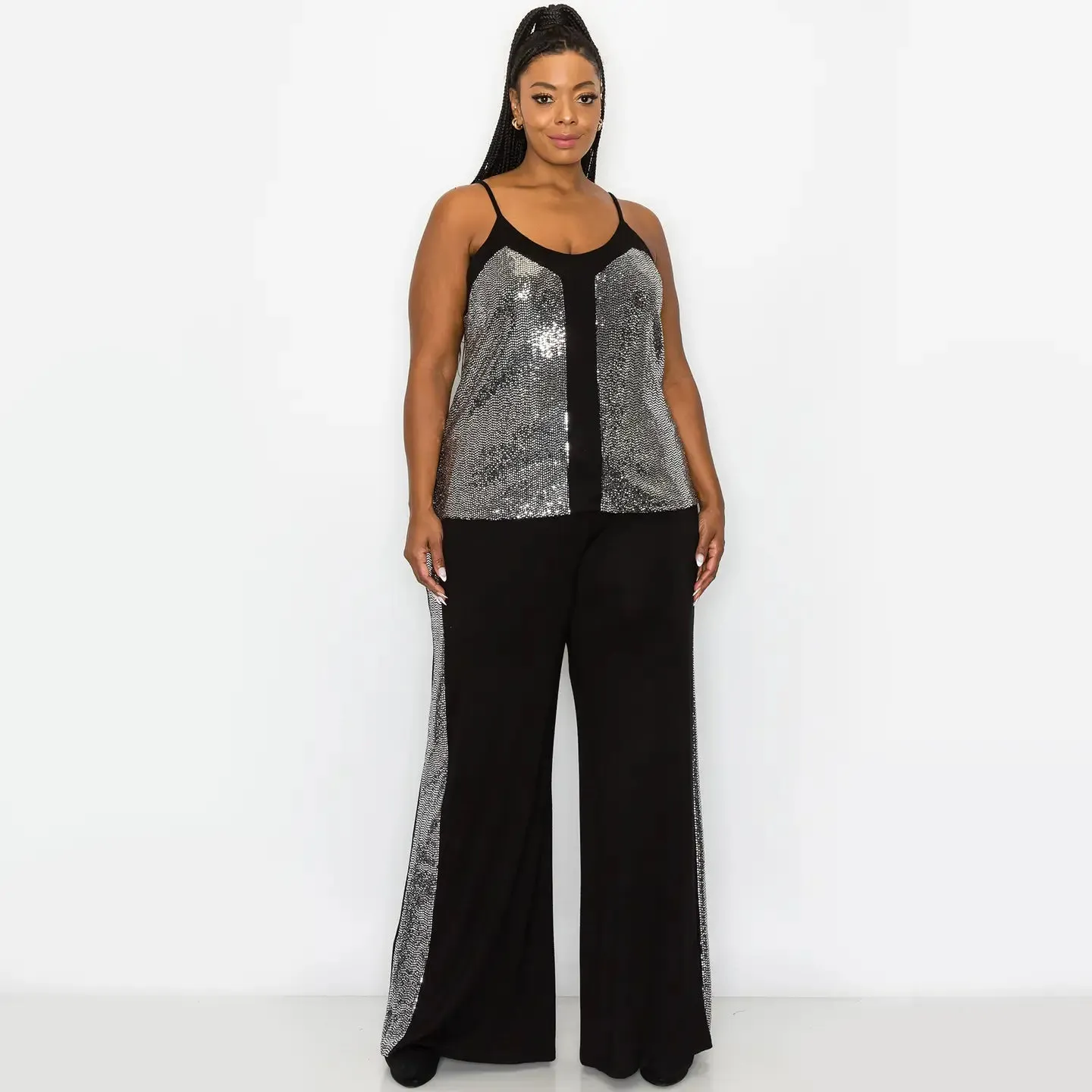 Sequin Side Contrast Wide Leg Pants Curve