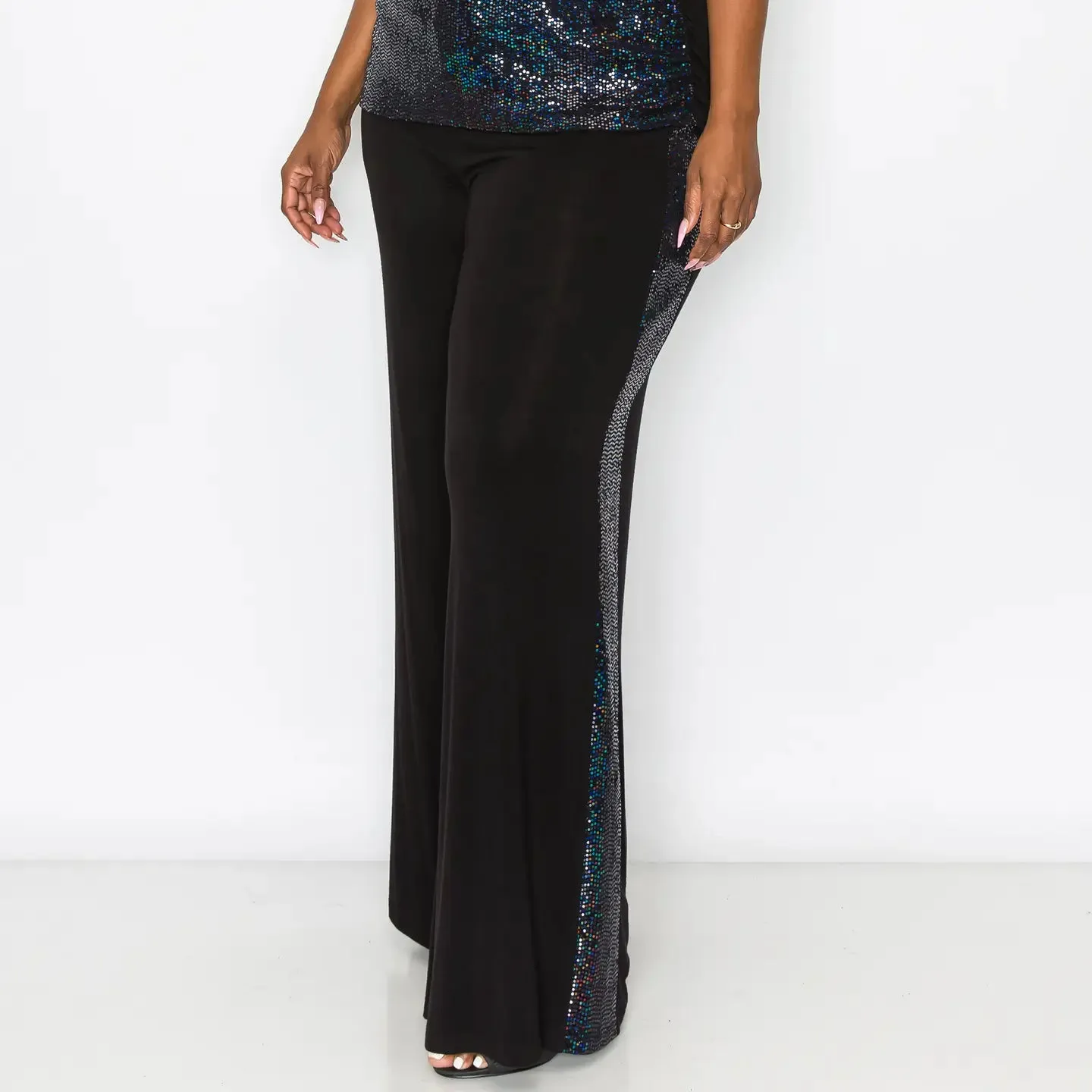 Sequin Side Contrast Wide Leg Pants Curve