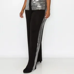 Sequin Side Contrast Wide Leg Pants Curve