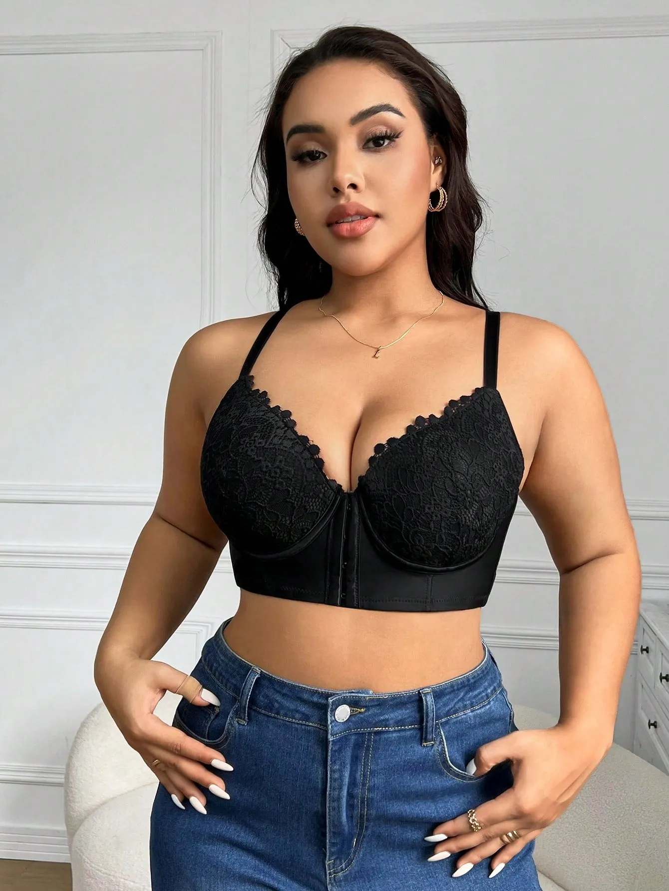 Sexy Romantic Casual Comfortable Front-Open Lace Plus Size Bra, Prevent Sagging And Support Breast, Adjustable 1pc