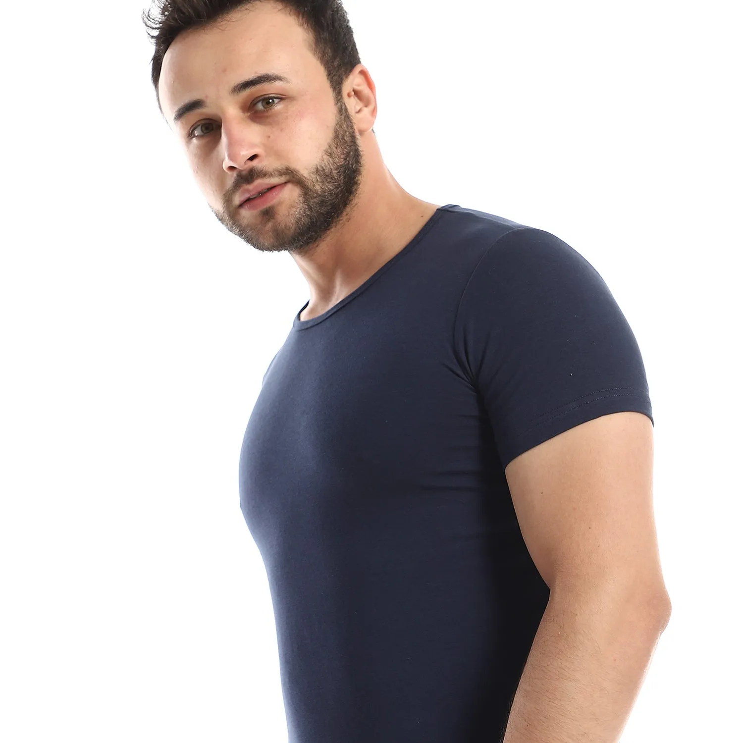 Short Sleeve Undershirt For Men - Round Neck, Navy Blue