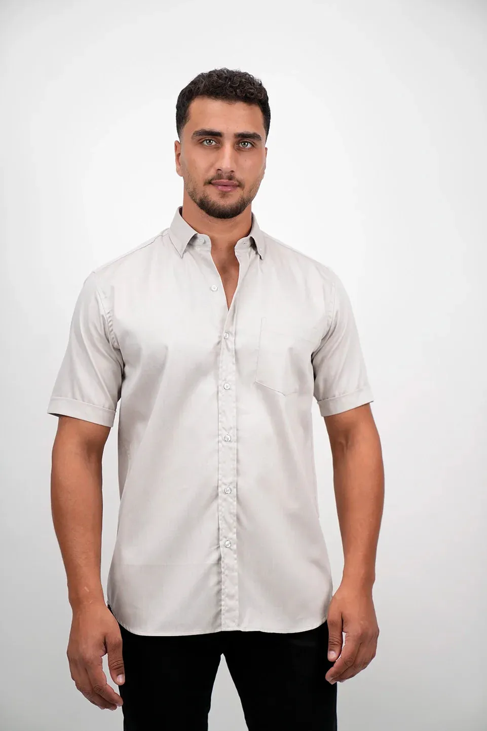 Short Sleeved Beige Shirt With One Chest Pocket