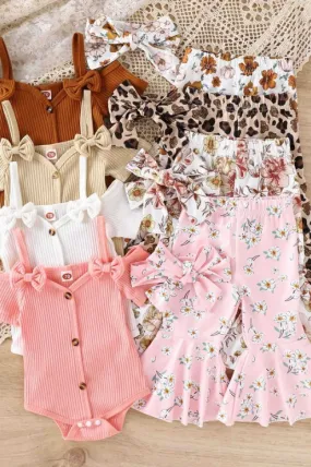 Shoulder Bow Sling Fashion Onesie with Flare Pants and Headband Three Piece Set