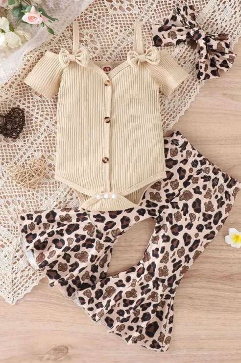 Shoulder Bow Sling Fashion Onesie with Flare Pants and Headband Three Piece Set