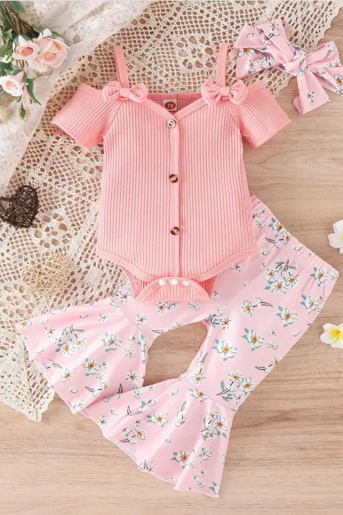 Shoulder Bow Sling Fashion Onesie with Flare Pants and Headband Three Piece Set