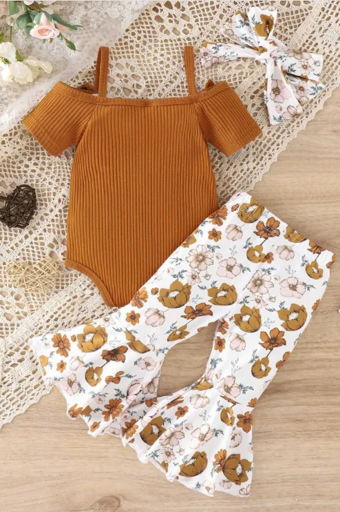 Shoulder Bow Sling Fashion Onesie with Flare Pants and Headband Three Piece Set