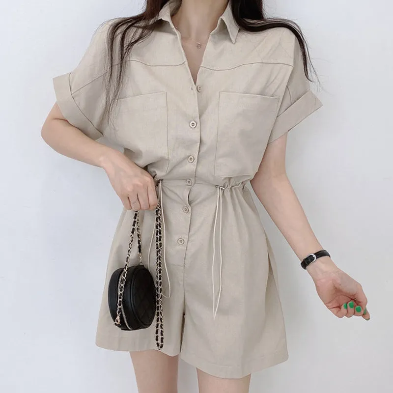 Single-breasted Large Pocket Drawstring Waist Trimming Short-sleeved Casual Jumpsuit Shorts For Women