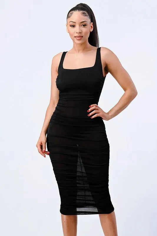 SQUARE NECK BODYCON MIDI DRESS