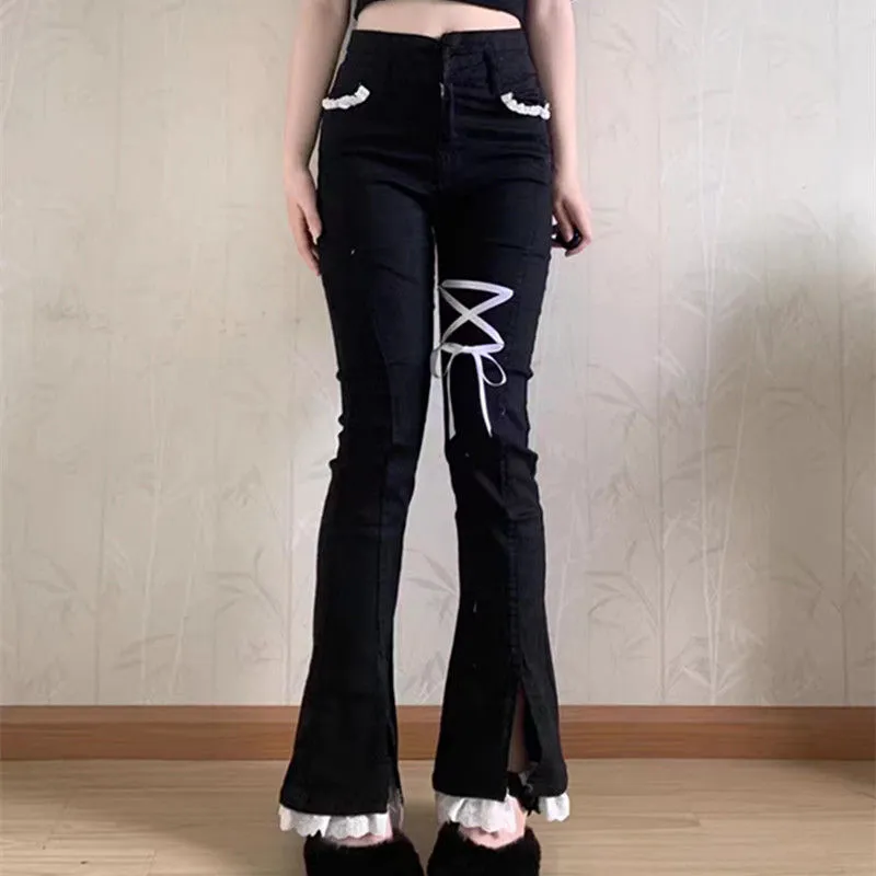 Sweet Hot Girl Small Lace Strappy Jeans New Ins Slim-Fit Elastic Slit Slightly Flared Wide-Leg Pants