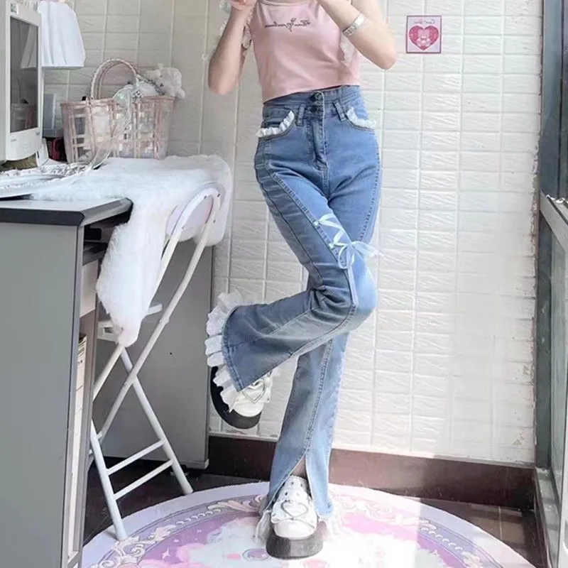 Sweet Hot Girl Small Lace Strappy Jeans New Ins Slim-Fit Elastic Slit Slightly Flared Wide-Leg Pants